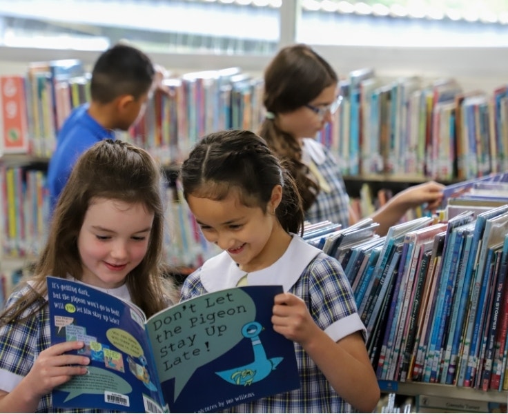 Hillside students reading and borrowing books from the library.
